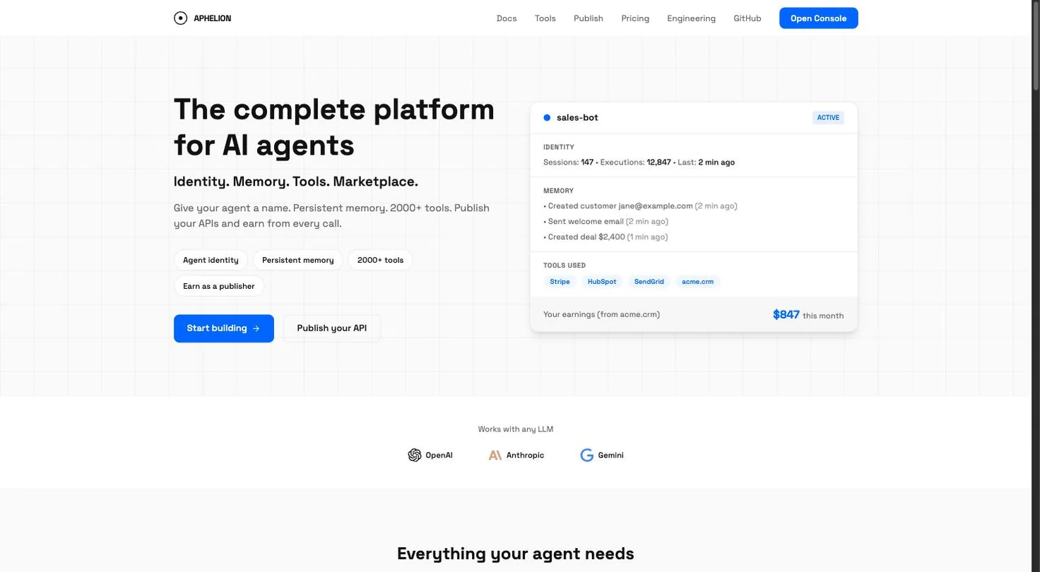 The Aphelion console: an agent named sales-bot with its identity, a persistent memory log, the tools it called, and the publisher earnings it generated.