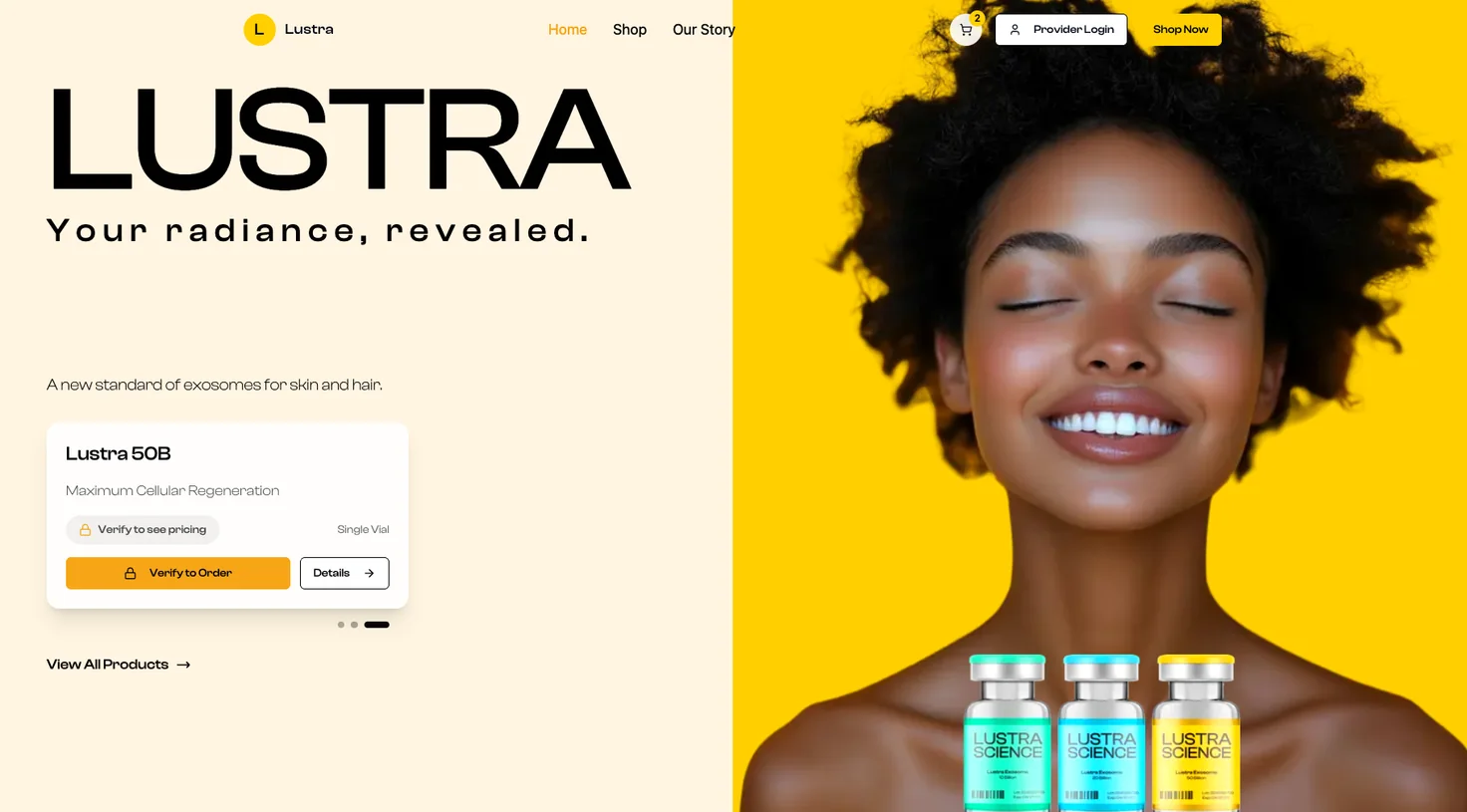 The Lustra site: a bold wordmark over the line "Your radiance, revealed", a product card gated behind clinician verification, and three exosome vials.